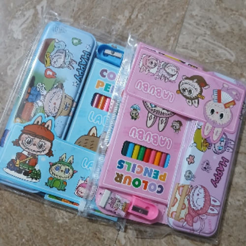 5 Piece Stationery Set - 12 color pencil, Geometry, Eraser, Sharpener & sketch book