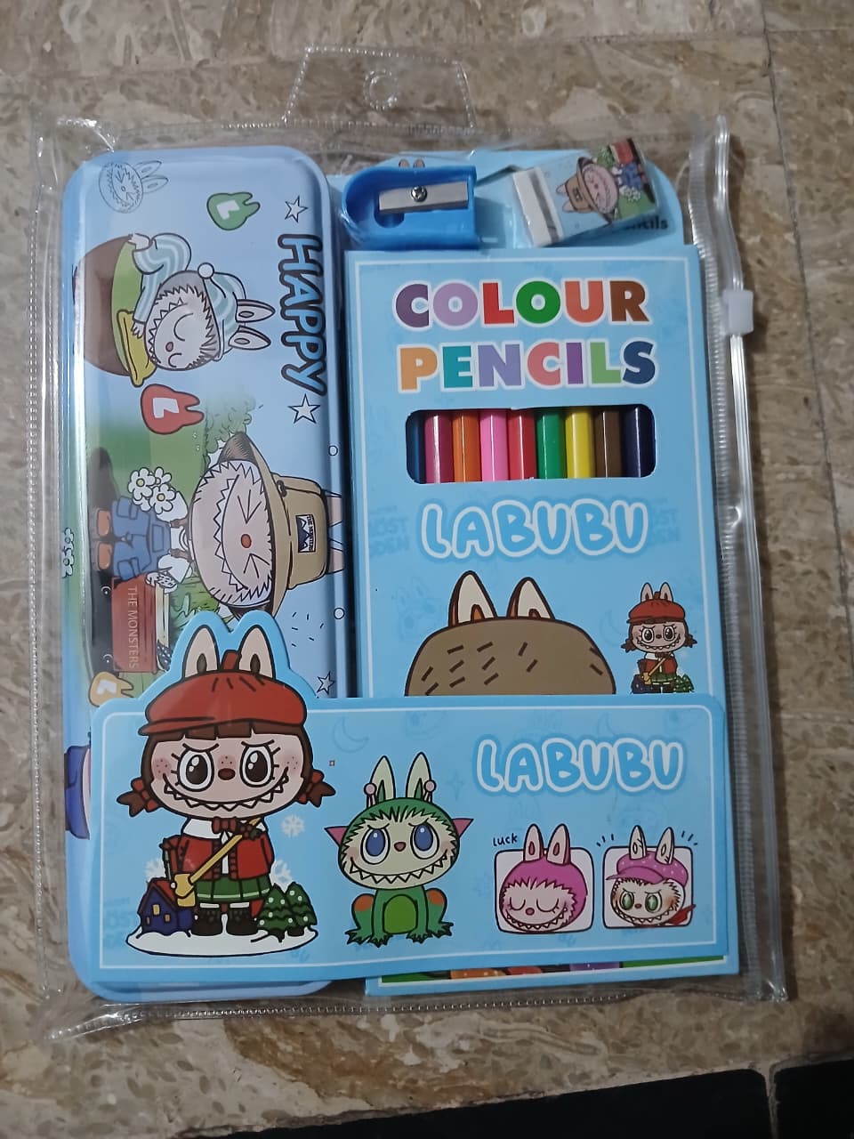 5 Piece Stationery Set - 12 color pencil, Geometry, Eraser, Sharpener & sketch book