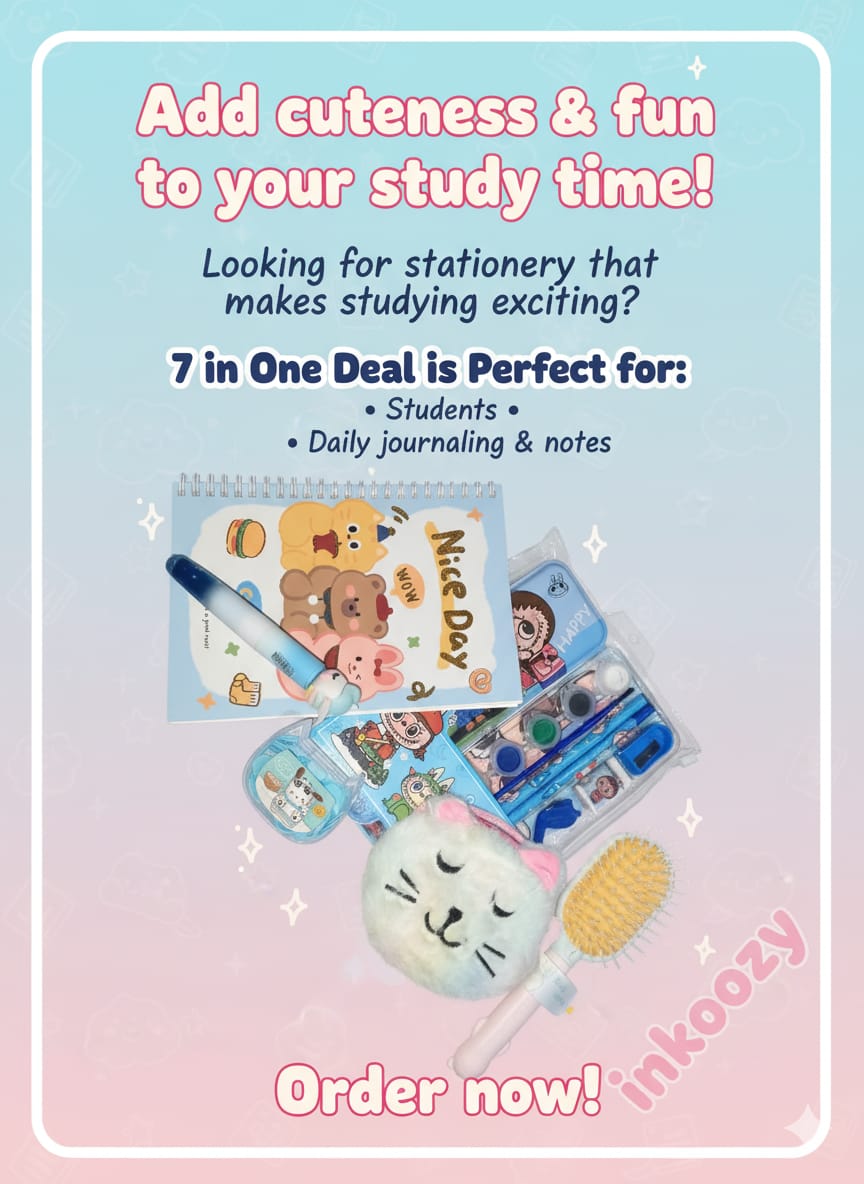 Ultimate 7-in-1 Stationery & Accessories Combo Pack with Kuromi, Unicorn Highlighter, Soap Craft, A5 Spiral Notebook & Mini Coin Wallet