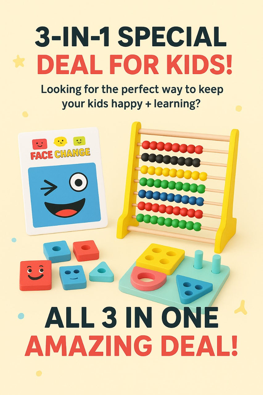 Deal 1 Kids Educational Bundle – Expression Puzzle Cubes, Abacus Computing Rack & Wooden Shape Sorting Kit